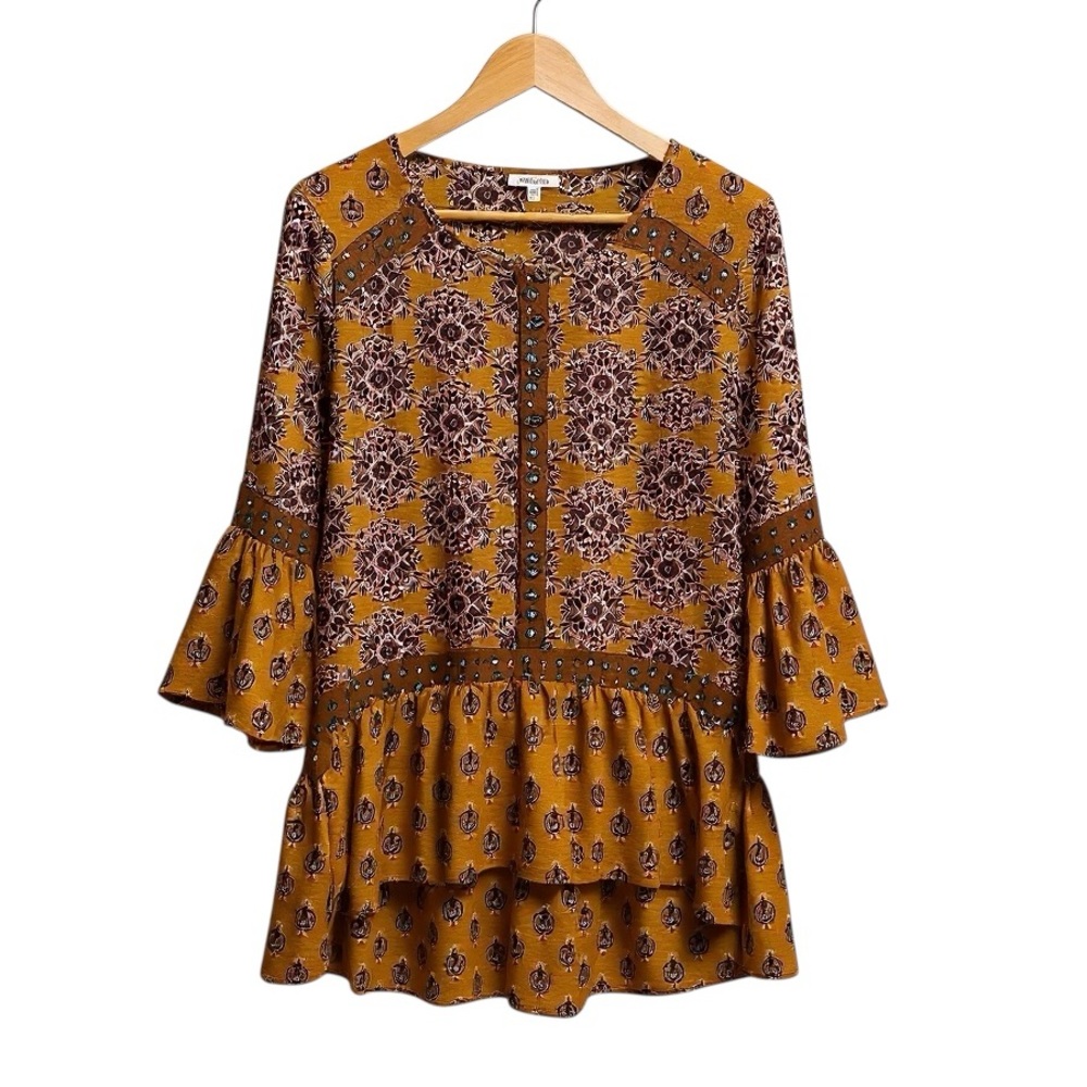 Jodiful Ruffle Hem Bell Sleeve High Low Pullover Tunic Top Brown Size S